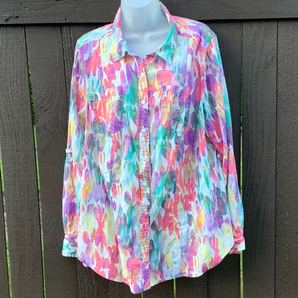 Lane Bryant cotton button down splash color blouse 14/16
